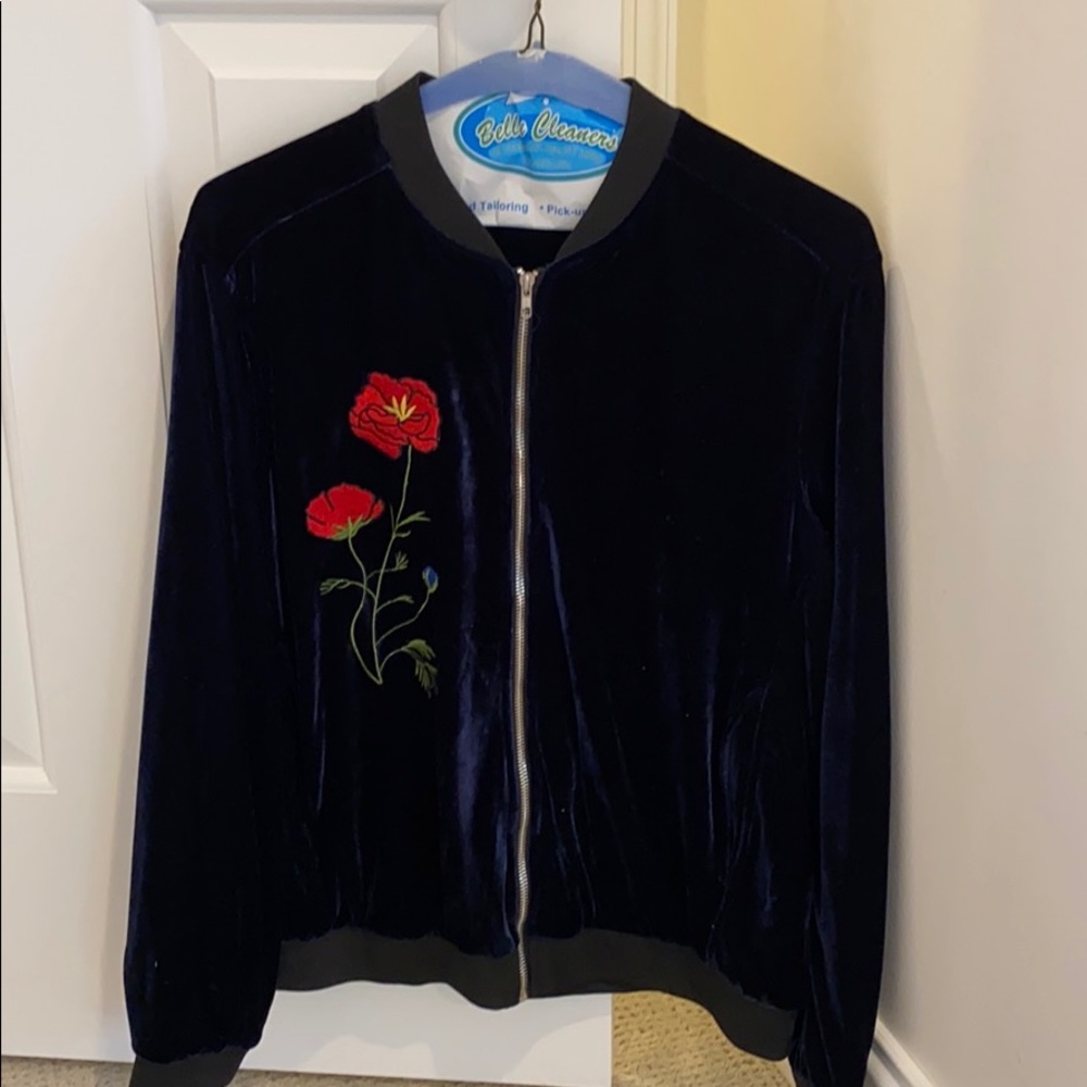Navy velvet bomber with embroidery